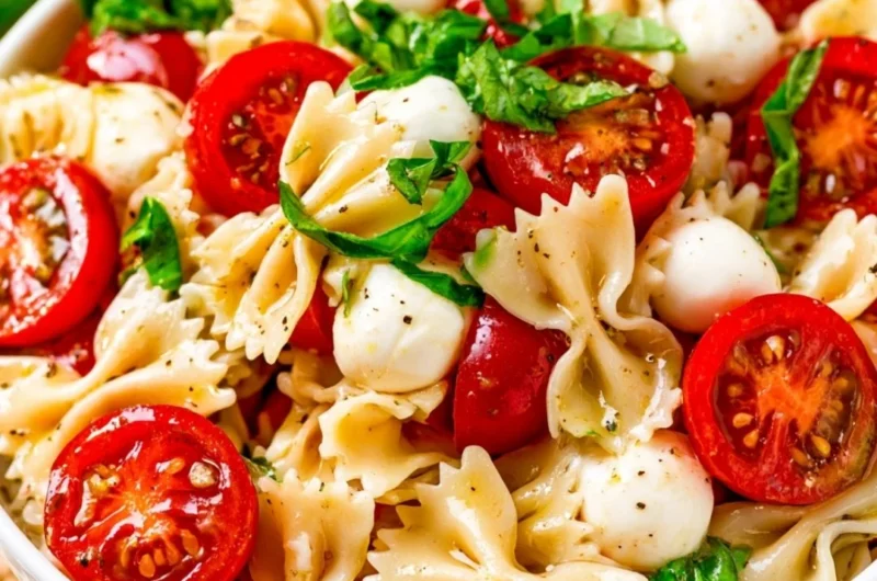Delicious Caprese Pasta Salad with fresh tomatoes, mozzarella, and basil