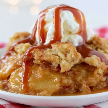 Delicious homemade caramel apple dump cake topped with whipped cream