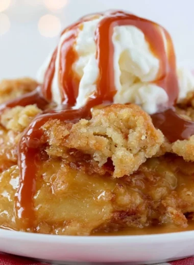 Delicious homemade caramel apple dump cake topped with whipped cream