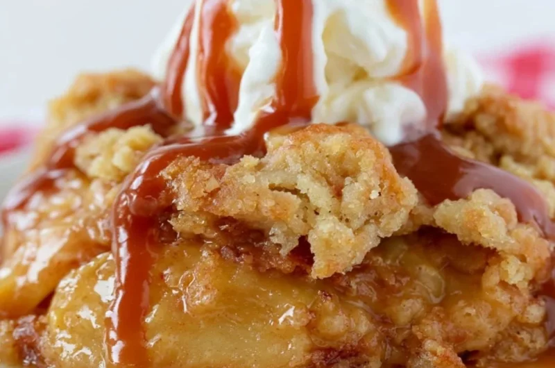Delicious homemade caramel apple dump cake topped with whipped cream