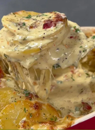 Delicious cheesy au gratin potatoes baked to perfection.