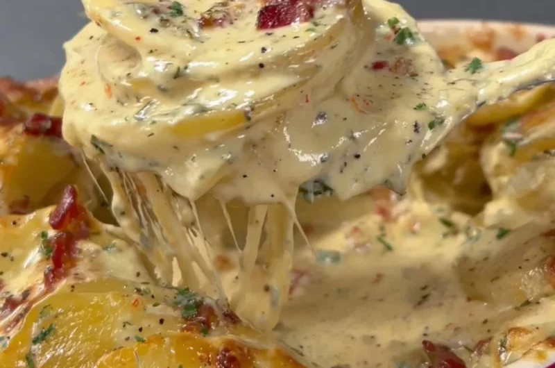 Delicious cheesy au gratin potatoes baked to perfection.