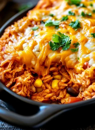 Chicken enchilada rice casserole topped with cheese and fresh cilantro