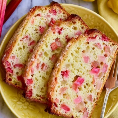 Freshly baked classic lemon rhubarb bread on a wooden cutting board
