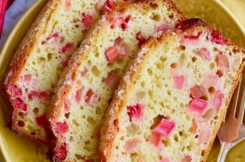 Freshly baked classic lemon rhubarb bread on a wooden cutting board