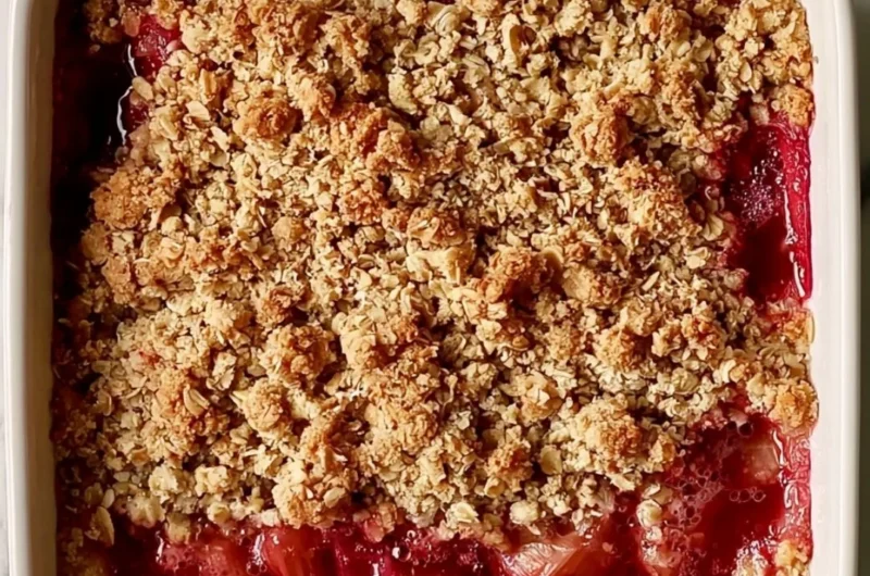 Classic rhubarb crumble bars with a crunchy topping and vibrant filling.