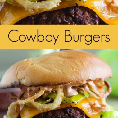 Delicious Cowboy Burger topped with grilled pickles and crispy onion straws
