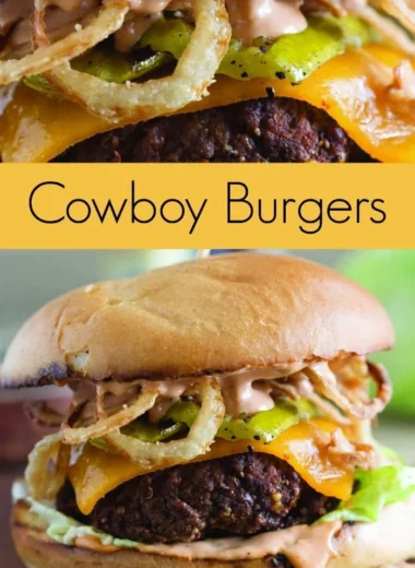 Delicious Cowboy Burger topped with grilled pickles and crispy onion straws