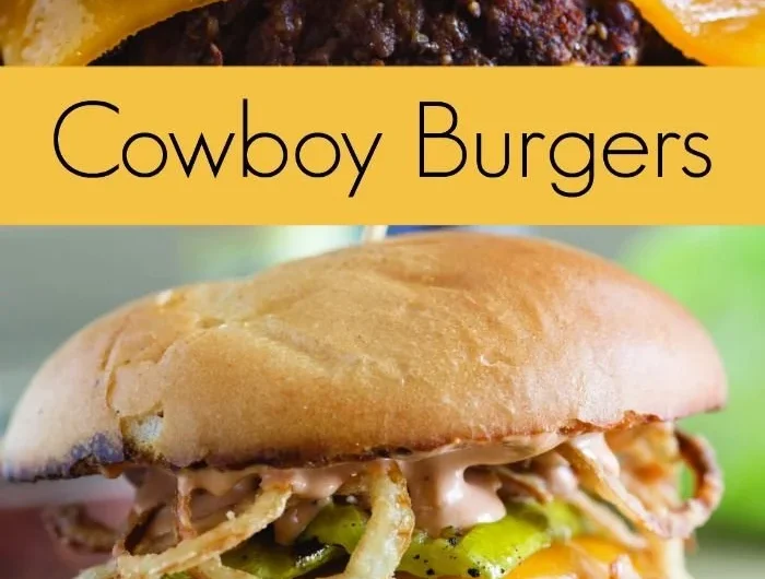Delicious Cowboy Burger topped with grilled pickles and crispy onion straws