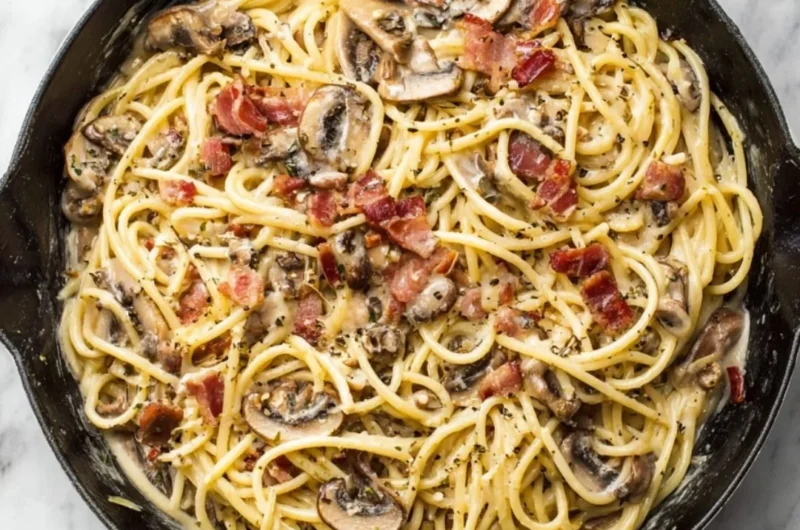 Creamy bacon mushroom pasta served in a bowl with herbs on top