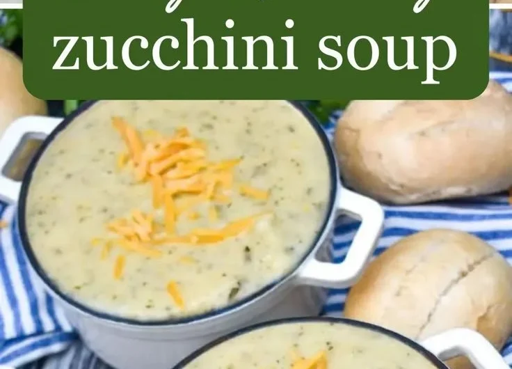 A bowl of creamy zucchini soup garnished with herbs and served with bread.
