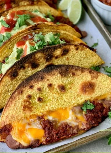 Crispy baked tacos filled with seasoned meat and fresh toppings
