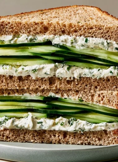 Delicious cucumber sandwich on whole grain bread, perfect for afternoon tea.