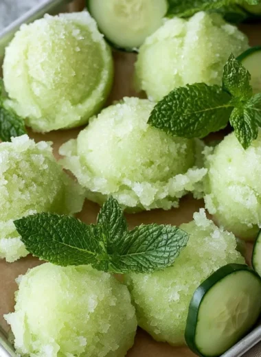 Refreshing cucumber sorbet served in a bowl with mint garnish