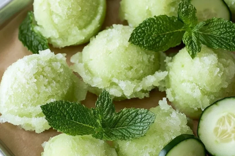 Refreshing cucumber sorbet served in a bowl with mint garnish