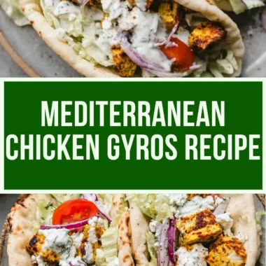 Delicious homemade chicken gyros served with fresh vegetables and tzatziki sauce.