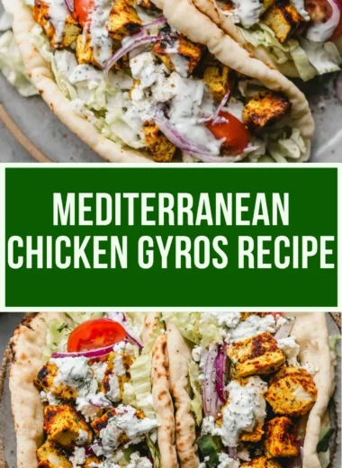 Delicious homemade chicken gyros served with fresh vegetables and tzatziki sauce.