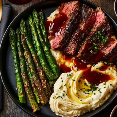 Delicious gourmet steak with mashed potatoes and asparagus on a plate