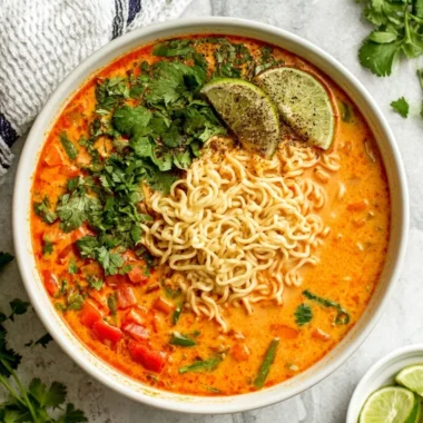 Bowl of delicious easy Thai noodle soup garnished with fresh herbs