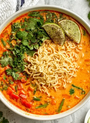 Bowl of delicious easy Thai noodle soup garnished with fresh herbs