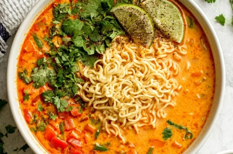 Bowl of delicious easy Thai noodle soup garnished with fresh herbs