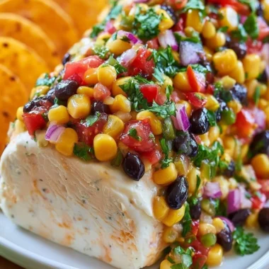 Fiesta Cowboy Caviar Cheese Log served with tortilla chips and fresh vegetables