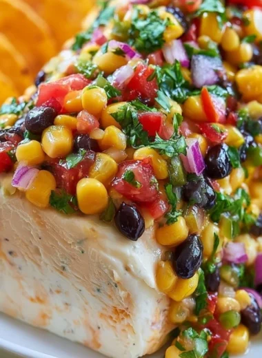 Fiesta Cowboy Caviar Cheese Log served with tortilla chips and fresh vegetables