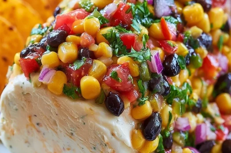 Fiesta Cowboy Caviar Cheese Log served with tortilla chips and fresh vegetables