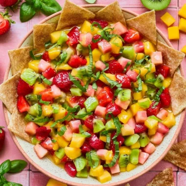 Fresh fruit salsa with cinnamon sugar chips served in a bowl