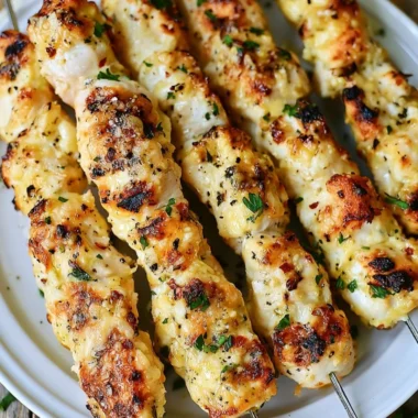 Garlic Parmesan Chicken Kebabs ready to serve on a platter