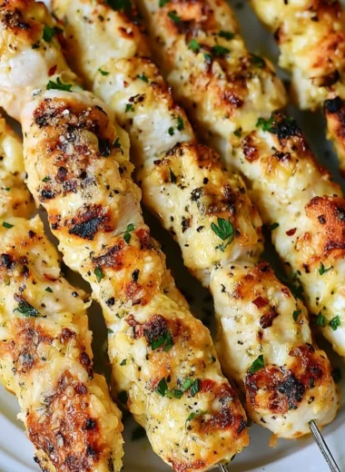 Garlic Parmesan Chicken Kebabs ready to serve on a platter