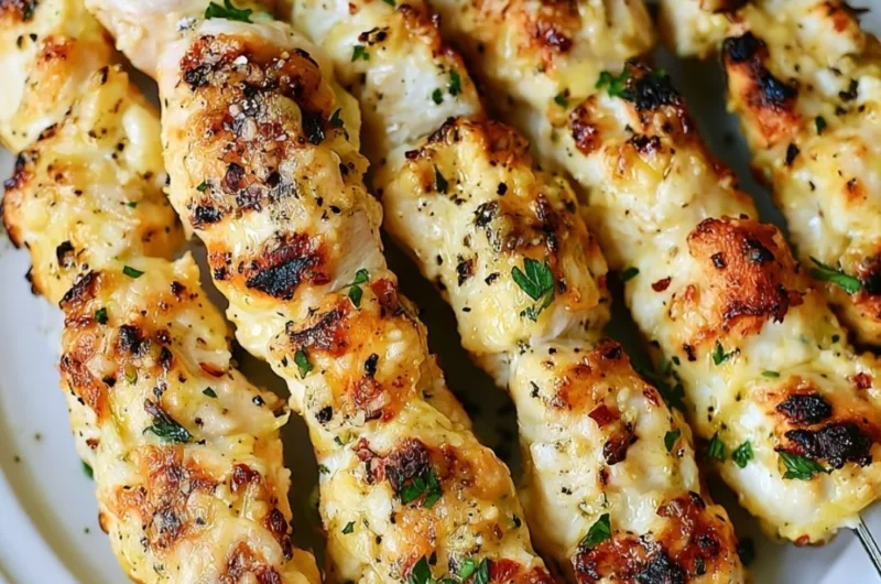 Garlic Parmesan Chicken Kebabs ready to serve on a platter