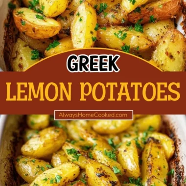 Delicious Greek lemon potatoes garnished with fresh herbs and lemon slices
