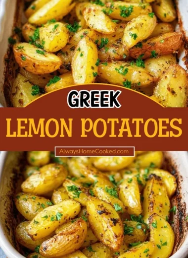 Delicious Greek lemon potatoes garnished with fresh herbs and lemon slices