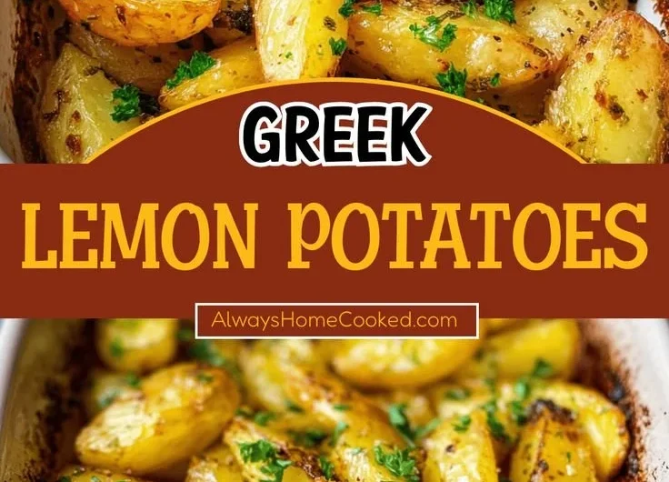 Delicious Greek lemon potatoes garnished with fresh herbs and lemon slices