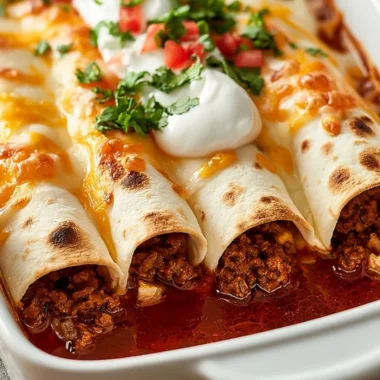 Delicious plate of ground beef enchiladas topped with cheese and sauce