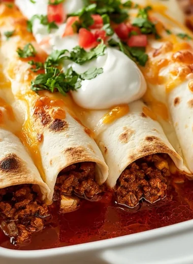 Delicious plate of ground beef enchiladas topped with cheese and sauce
