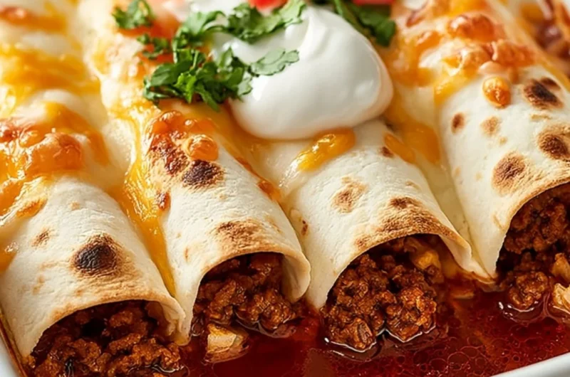 Delicious plate of ground beef enchiladas topped with cheese and sauce