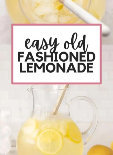 Pitcher of homemade lemonade with sliced lemons and ice cubes