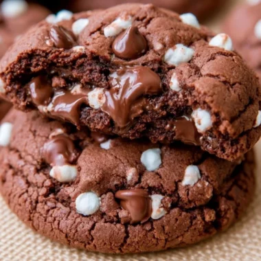 Delicious hot chocolate cookies with melted chocolate and marshmallows
