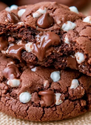 Delicious hot chocolate cookies with melted chocolate and marshmallows