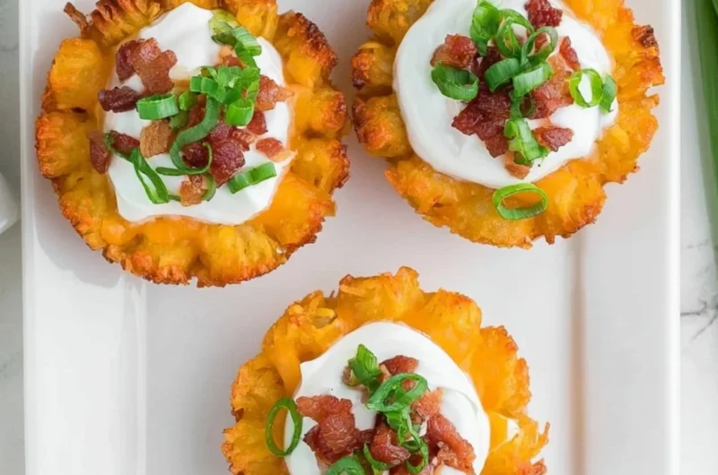 Plate of loaded tater tots topped with cheese, bacon, and green onions.