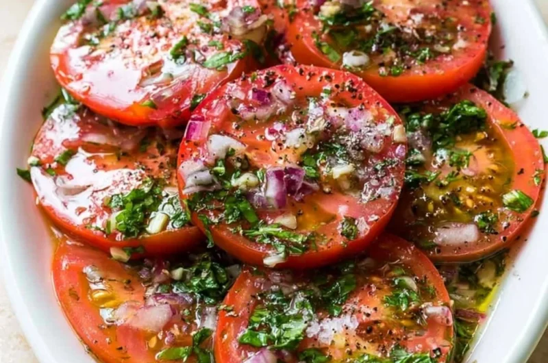 A bowl of vibrant marinated tomatoes garnished with herbs and spices.