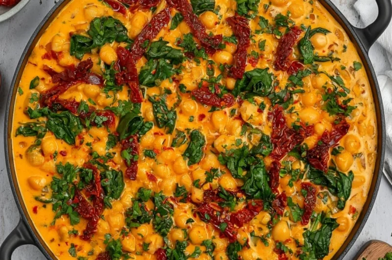 Delicious Marry Me Chickpeas dish garnished and ready to serve.