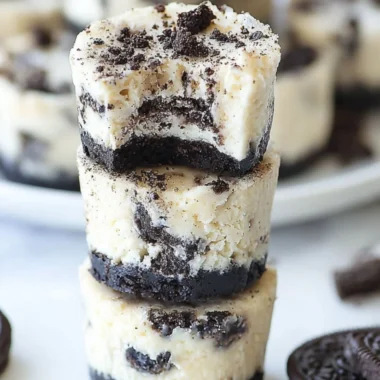 Mini Oreo cheesecakes topped with crushed Oreos on a decorative plate