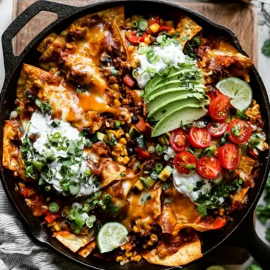 One-Pan Enchilada Dinner served with toppings on a colorful plate