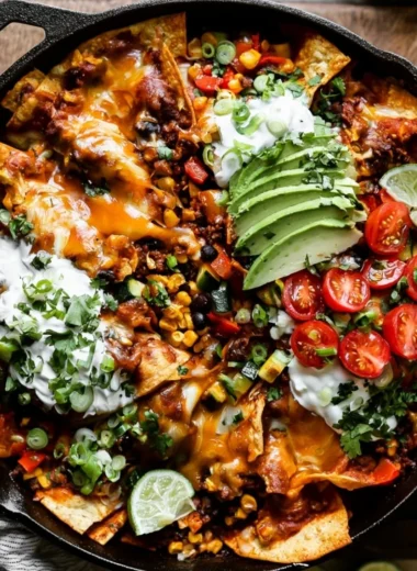 One-Pan Enchilada Dinner served with toppings on a colorful plate