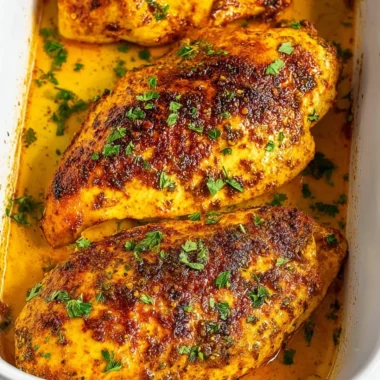 Juicy oven baked chicken breast served with herbs and spices