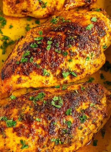 Juicy oven baked chicken breast served with herbs and spices