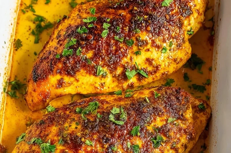 Juicy oven baked chicken breast served with herbs and spices